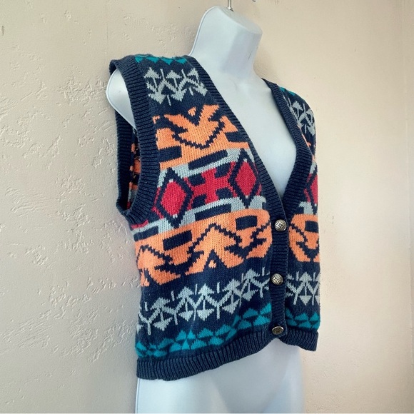 NUOVO Vintage 90's Western Aztec Southwest Sweater Vest Cardigan Size M Ramie - Picture 3 of 8